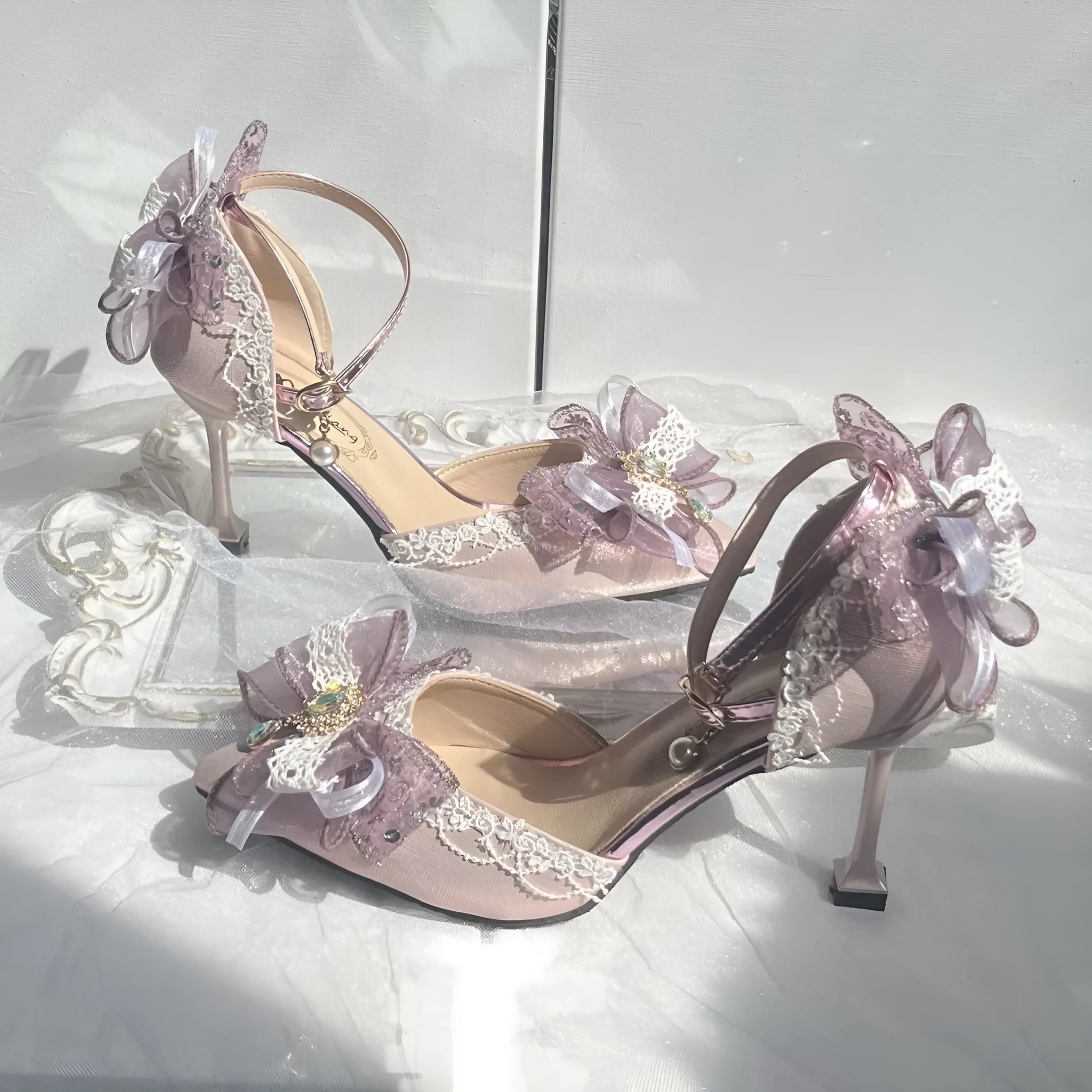 Purple satin women's wedding shoes with square toe and stiletto heel on white background