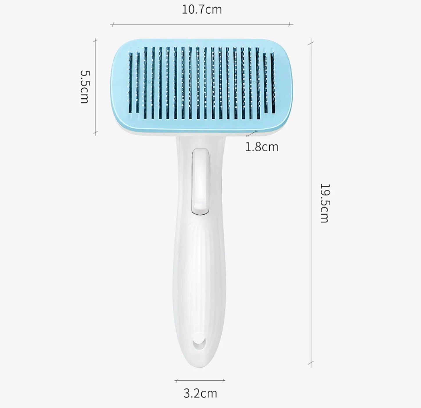 Pet automatic hair removal comb showing 10.7x19.5cm dimensions with one-click hair removal system
