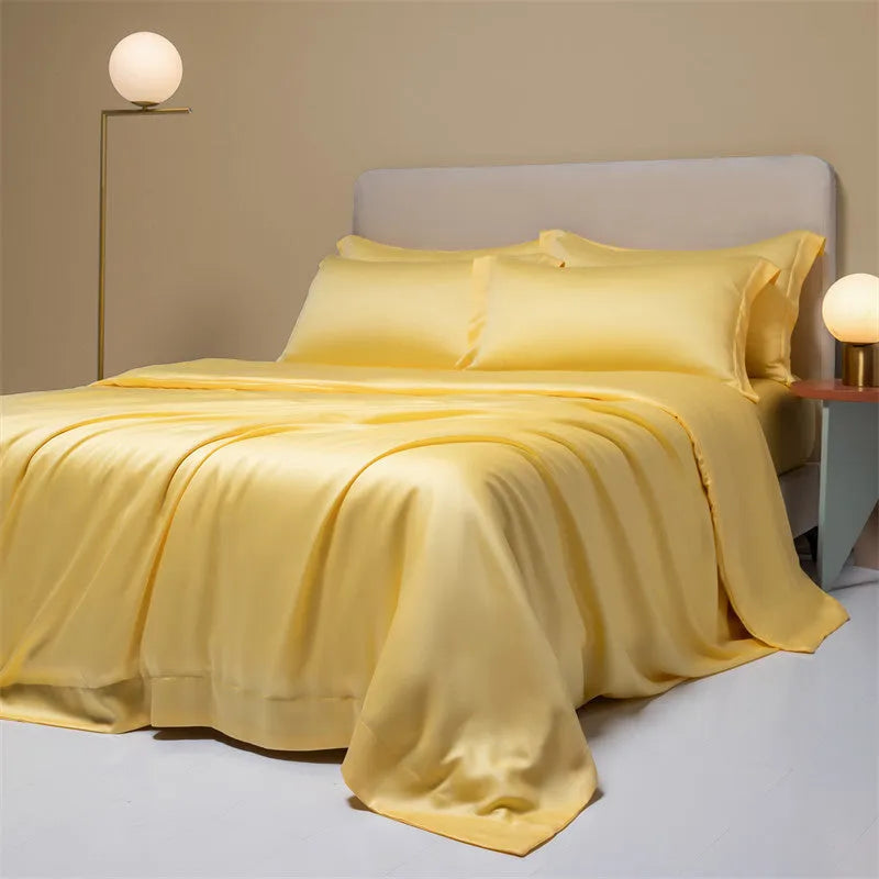 200 thread count Lenzing Tencel quilt sheets in Aurora Blue colour on a UK double bed