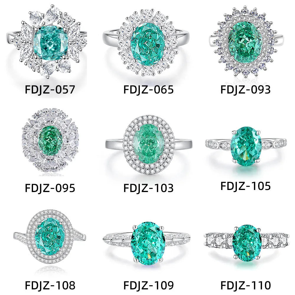 S925 sterling silver emerald ring with geometric shape and high carbon diamond inlay, showing elliptical design.