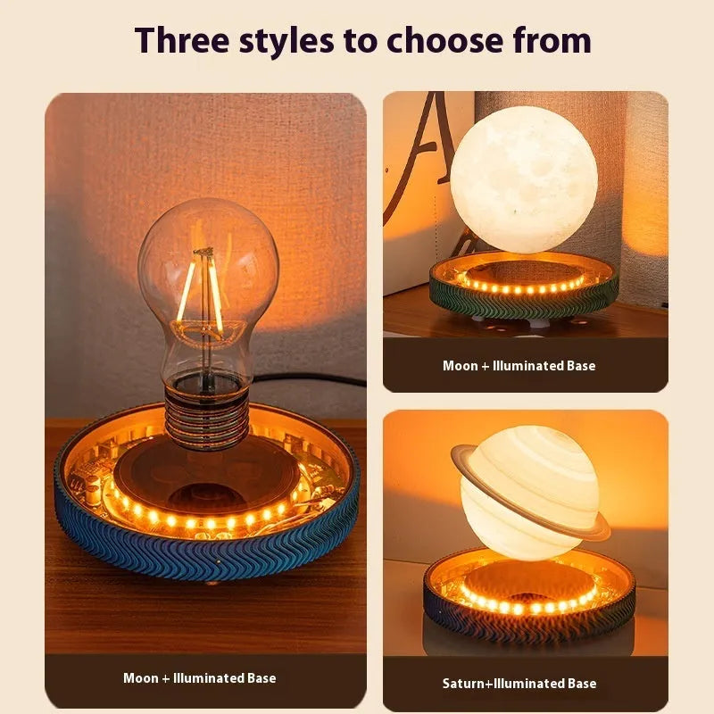 Magnetic suspension night lamp with floating 3D-printed moon ornament above base, UK plug visible