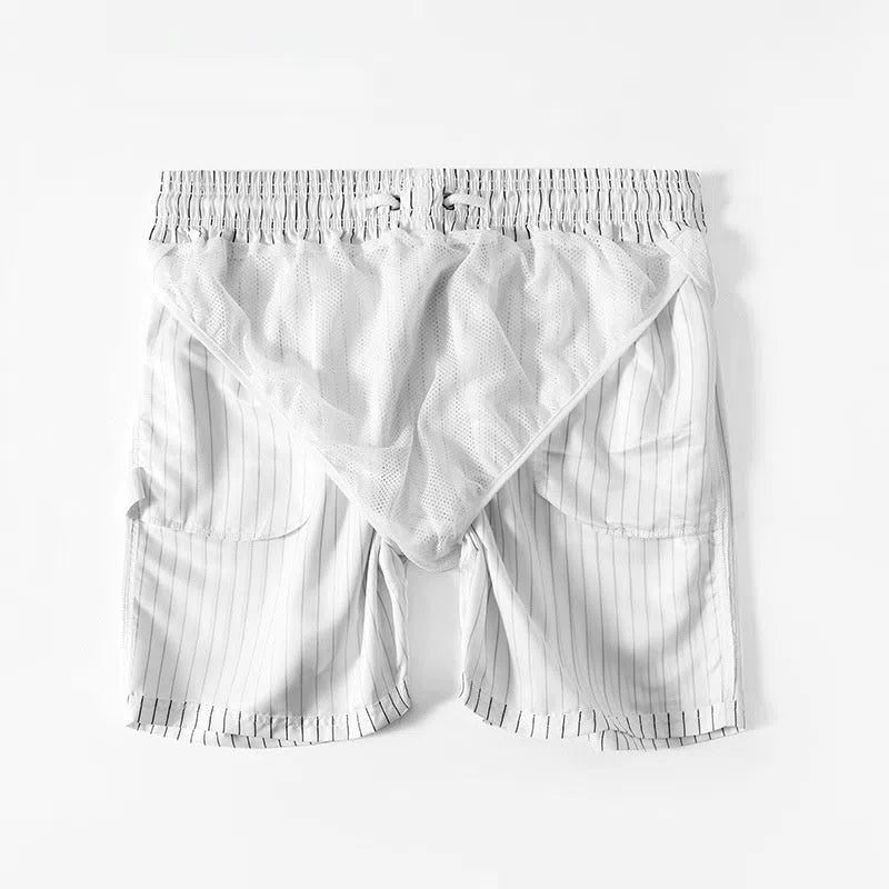 Men's white striped quick-drying polyester beach trousers, loose straight-leg lined summer pants
