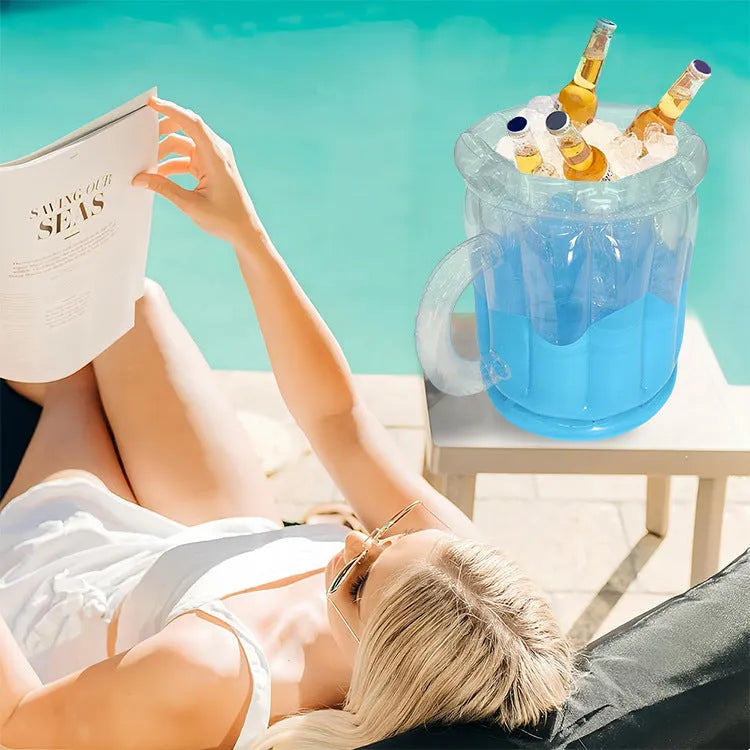 Yellow inflatable PVC ice bucket for beer steins, showing 30cm height and 25cm diameter when inflated