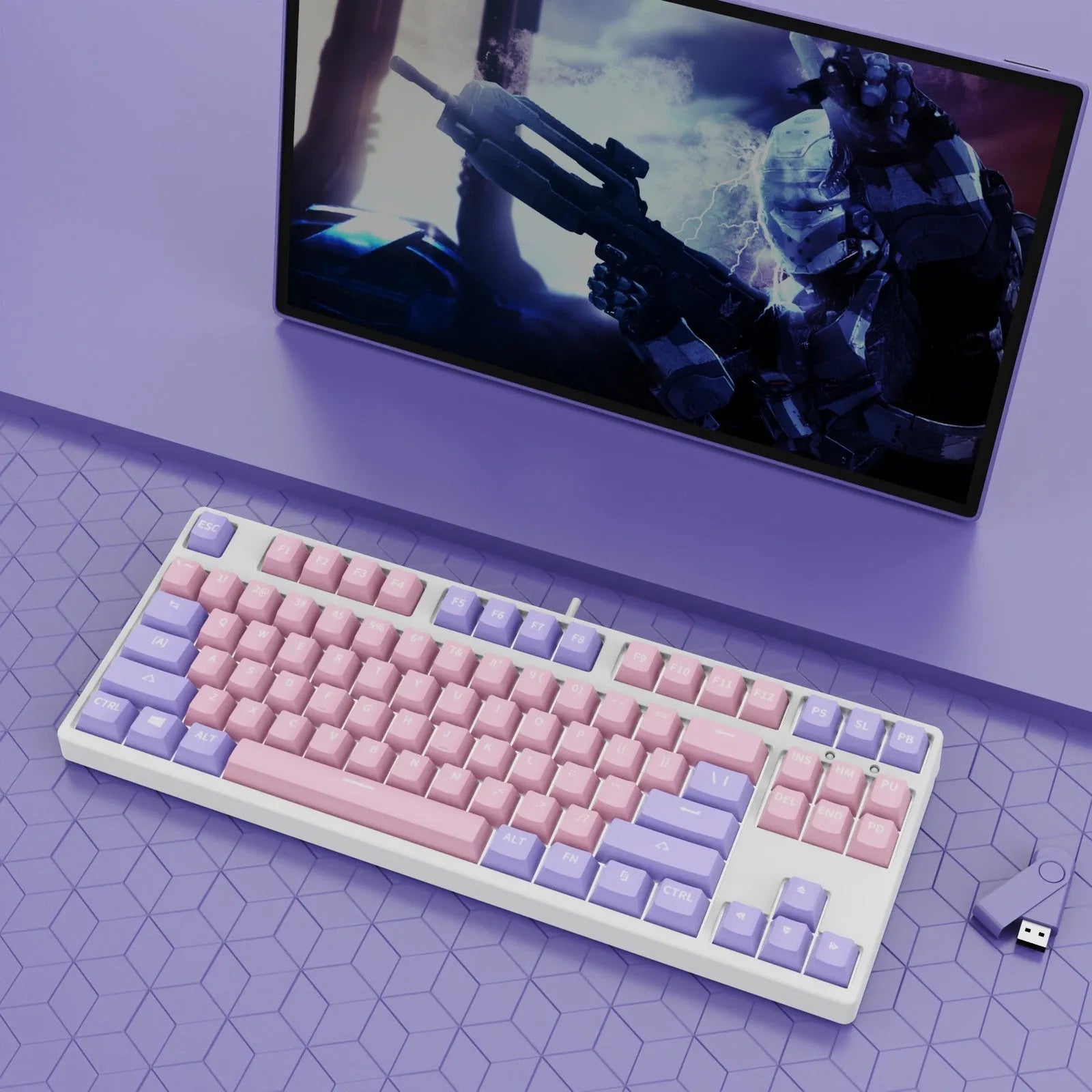 87-key wired mechanical keyboard with two-tone keycaps and metal frame, showing compact design and included tools