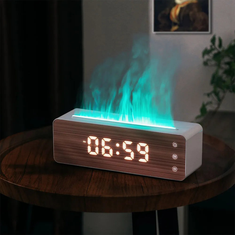 White flame humidifier with clock display, 28 x 8.5 x 9.3 cm, for desktop aromatherapy in bedroom or hotel