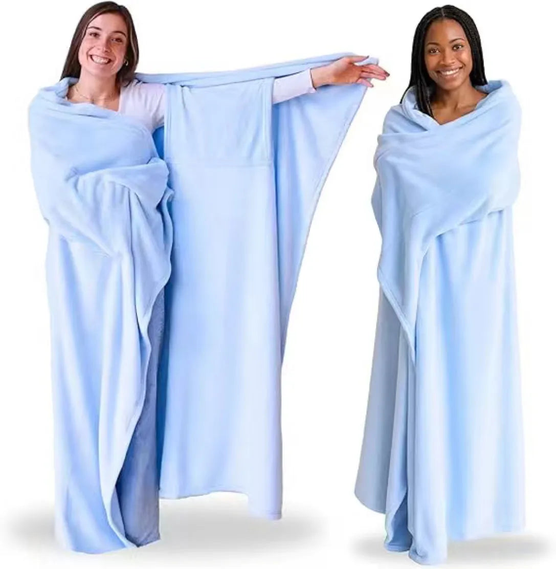 Wearable blanket for women with soft sleeves in light pink, light grey, or blue for home daily use