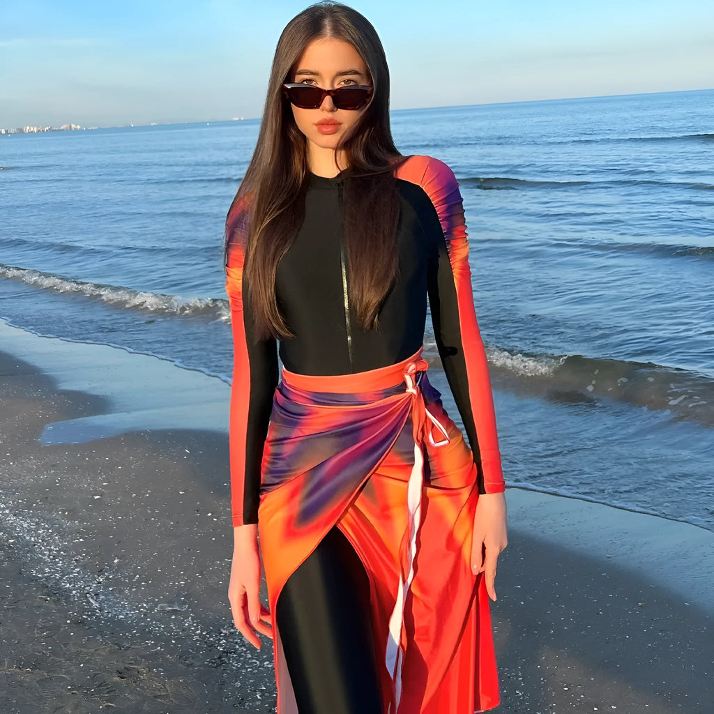 Women's conservative three-piece polyester beach swimsuit set in solid colour