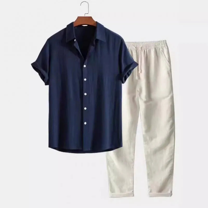 Men's loose fit linen blend shirt and trousers set in various colours, showing short sleeves and casual style