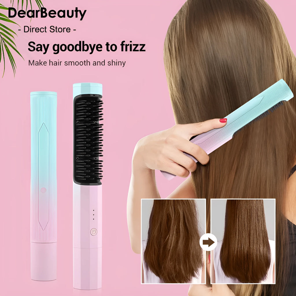 Pink wireless straightening comb with USB charging port and temperature buttons