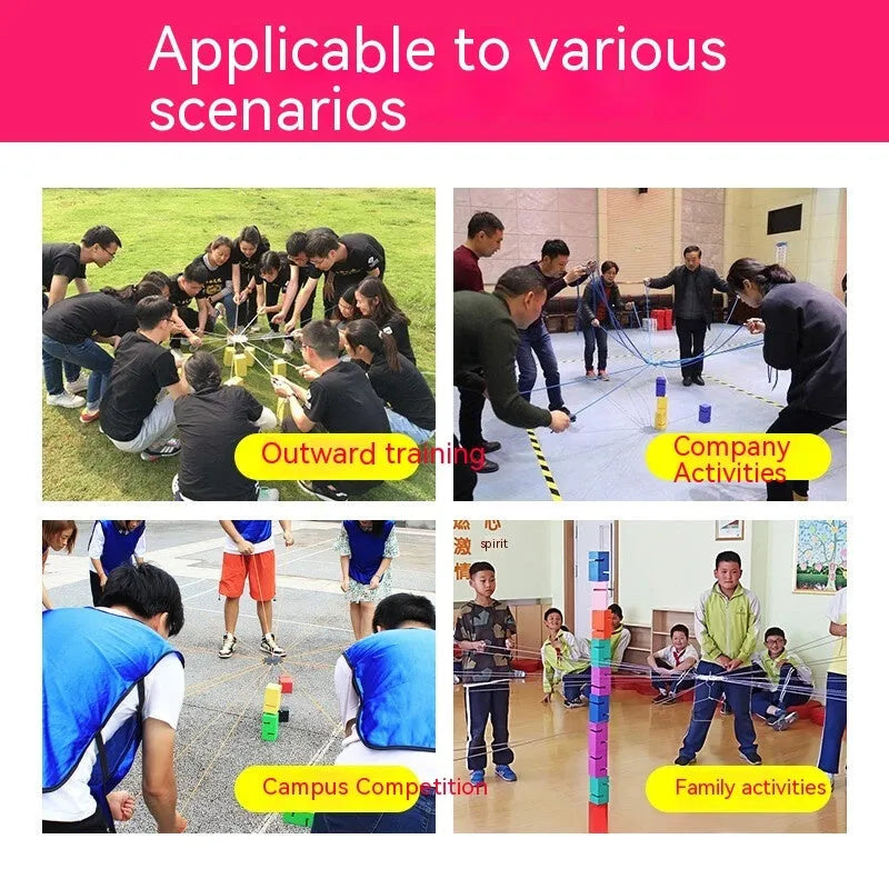 Outdoor team building game with 10 pull ropes, ABS plastic tower blocks, and hook frame set in various colours