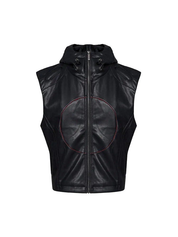 Black slim fit PU leather waistcoat coat for men with hood and five-pointed star detail.