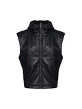 Black slim fit PU leather waistcoat coat for men with hood and five-pointed star detail.