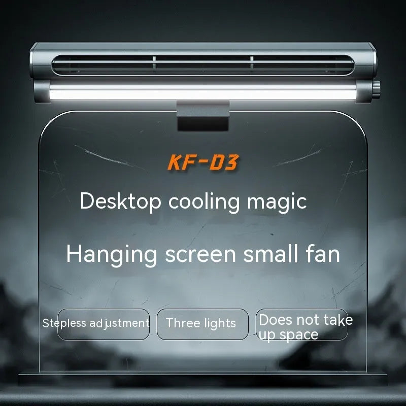 Black bladeless fan with lighting lamp attached to laptop screen showing USB connection and screen clamping mechanism