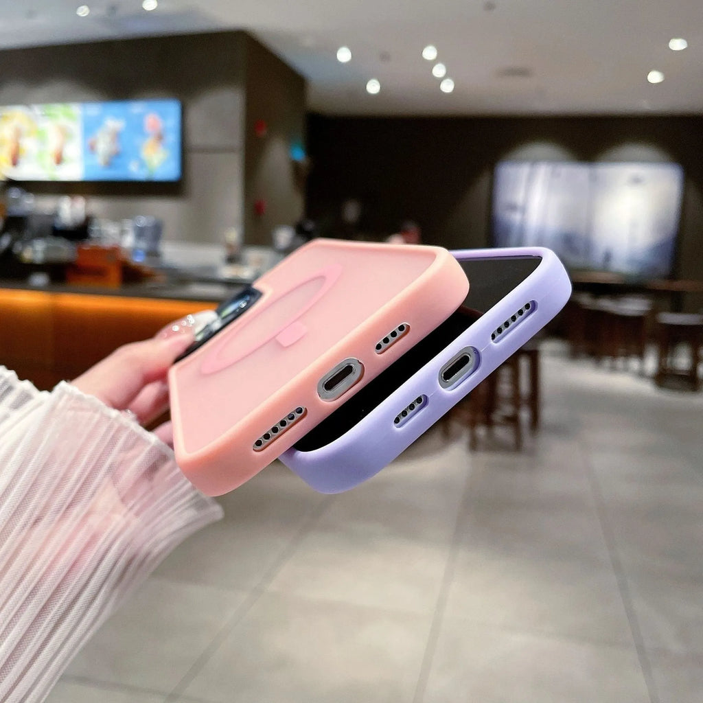 Frosted magnetic suction iPhone 16 phone case in dark purple colour showing shockproof anti-fall protection