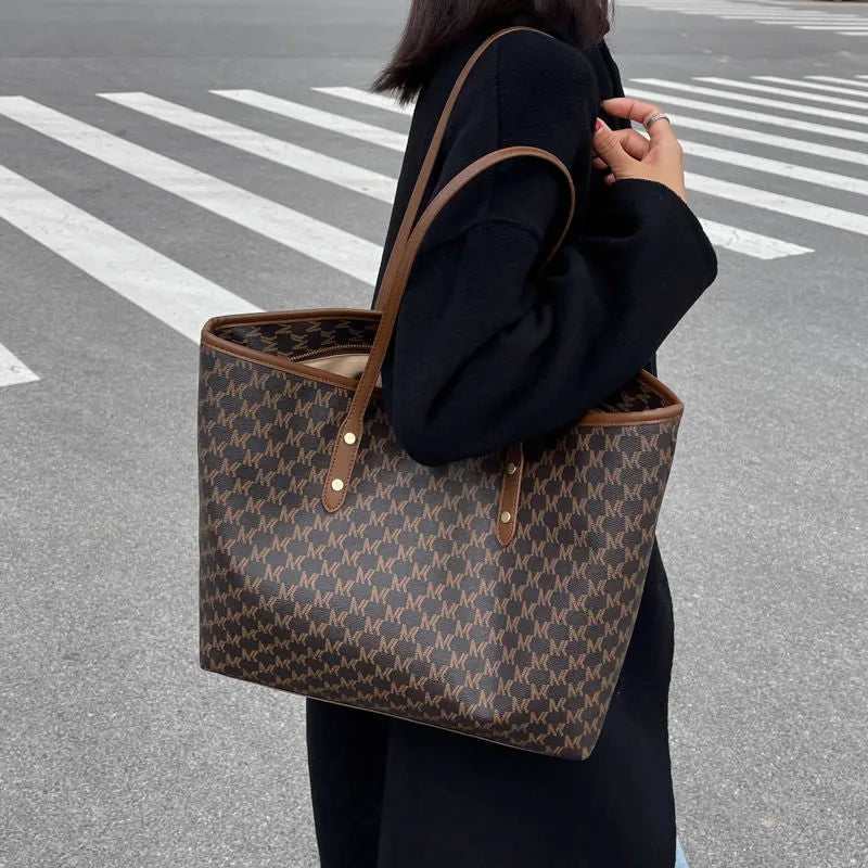 Women's large PU shoulder tote bag, 44cm wide, zip top, in black, beige or brown