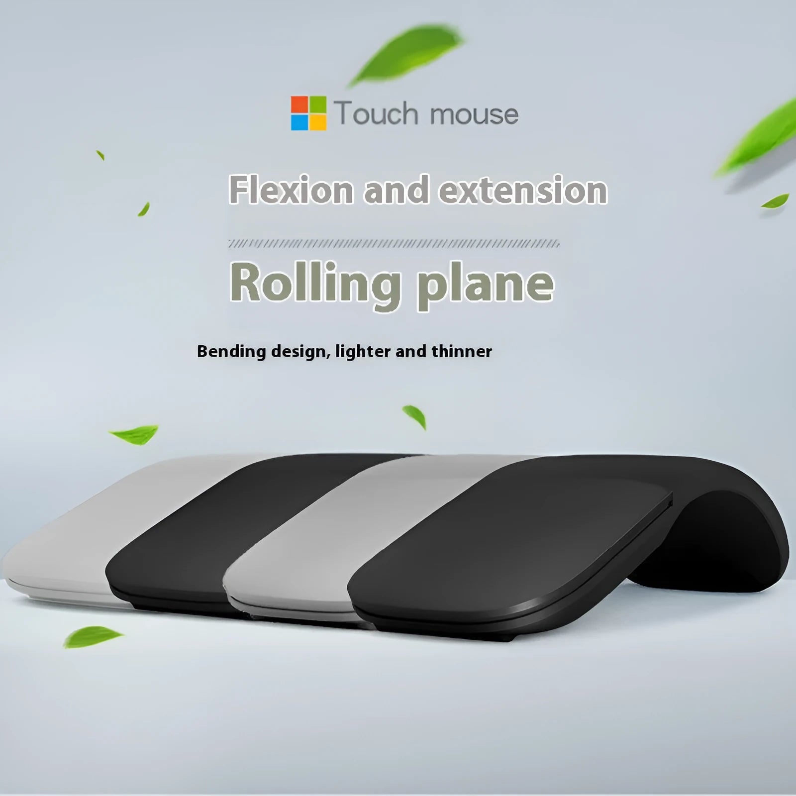 Folding Bluetooth wireless touch mouse shown in black colour with compact dimensions