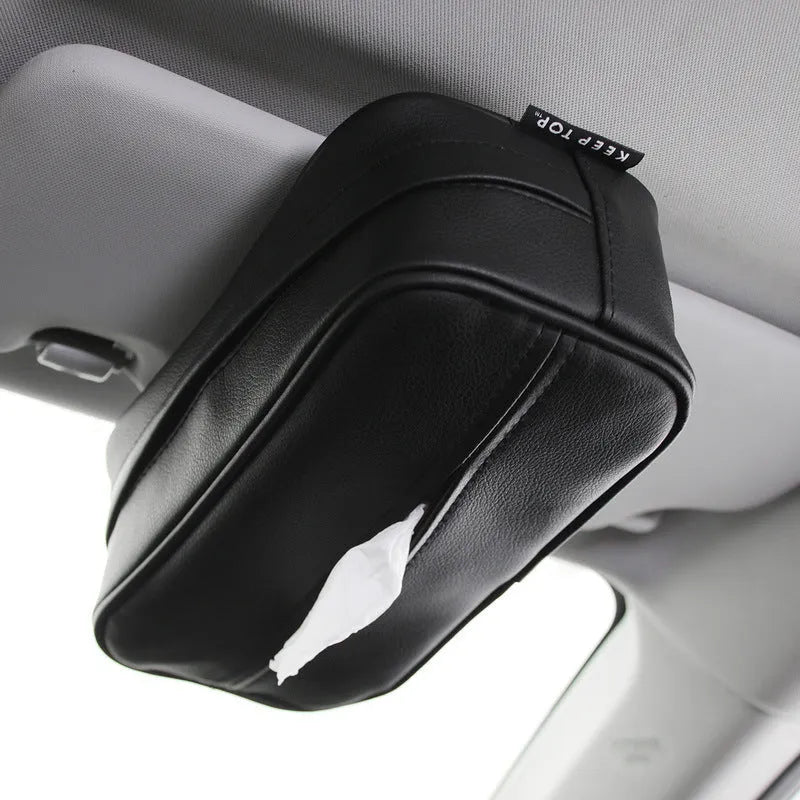 Black PU hanging leather box measuring 23x13x9cm with hanging loop for car storage