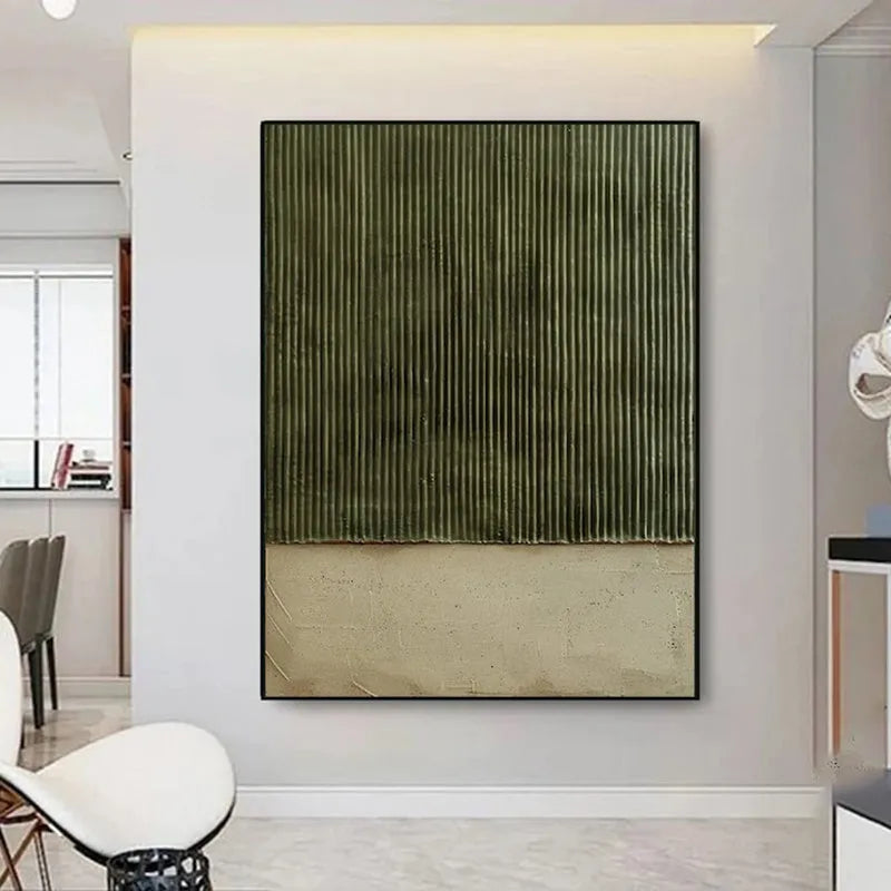 Large hand-painted green textured abstract oil painting on canvas, vertical one-panel wall art for living room and bedroom, no frame