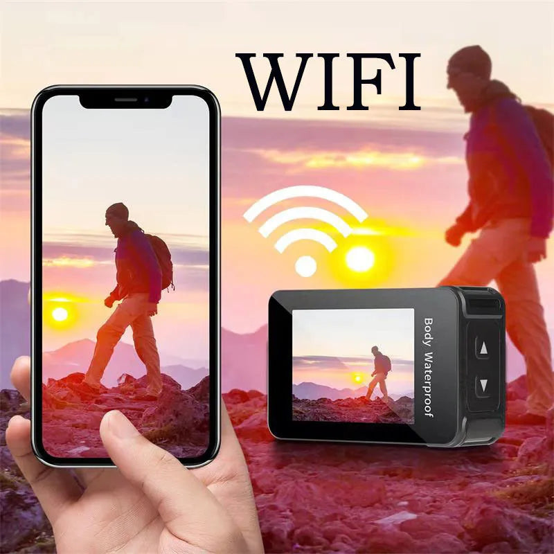 Black touchscreen sports action camera with 170 degree wide angle lens showing compact dimensions