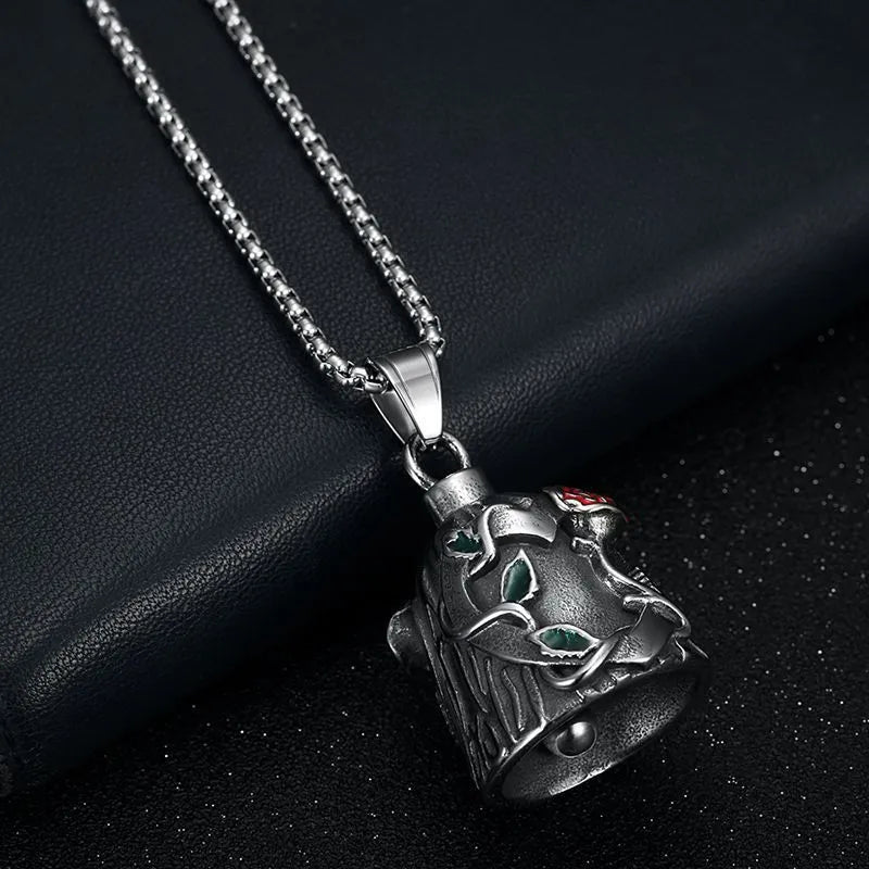 Titanium steel motorcycle riding lucky bell with double-sided epoxy rose design and polished finish in retro steel colour