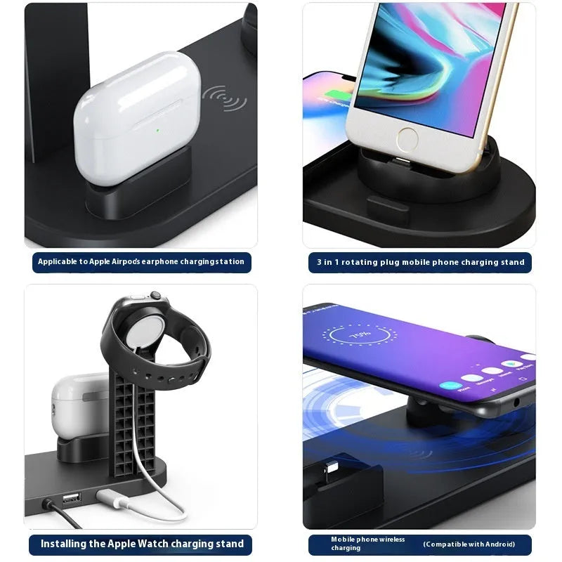 Aluminium wireless charging stand for mobile phone with headset and watch holder in silver colour