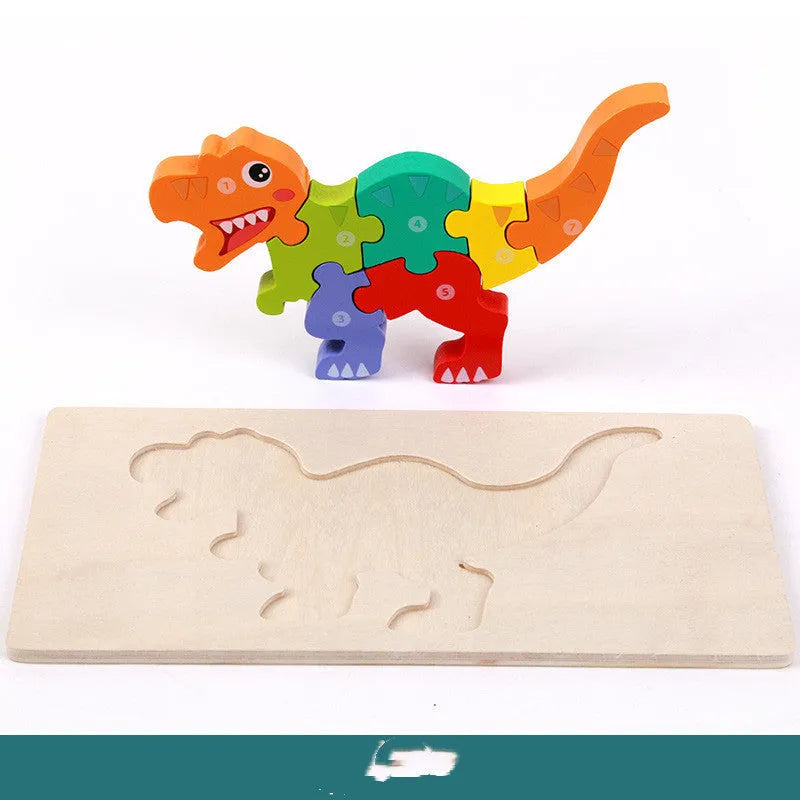 Wooden dinosaur 3D puzzle building blocks set showing six prehistoric dinosaur designs for children