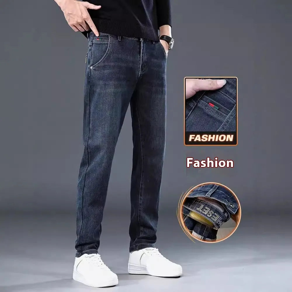 Blue grey slim straight loose casual thin trousers with micro elasticity, mid waist design, and zipper fly, shown on a model for summer wear.