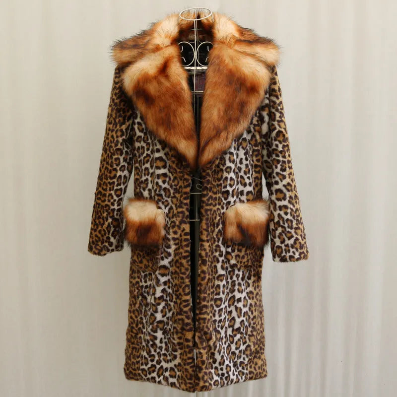 Long artificial fur jacket in leopard print, 80cm length, regular sleeves, for women's street fashion