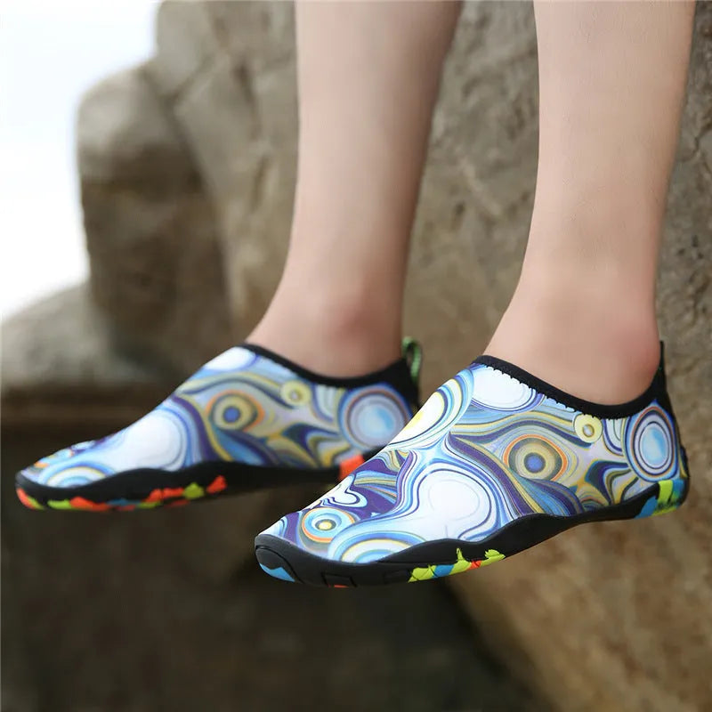 Beach wading shoes showing Lycra elastic fabric upper and EVA midsole in camouflage colour option