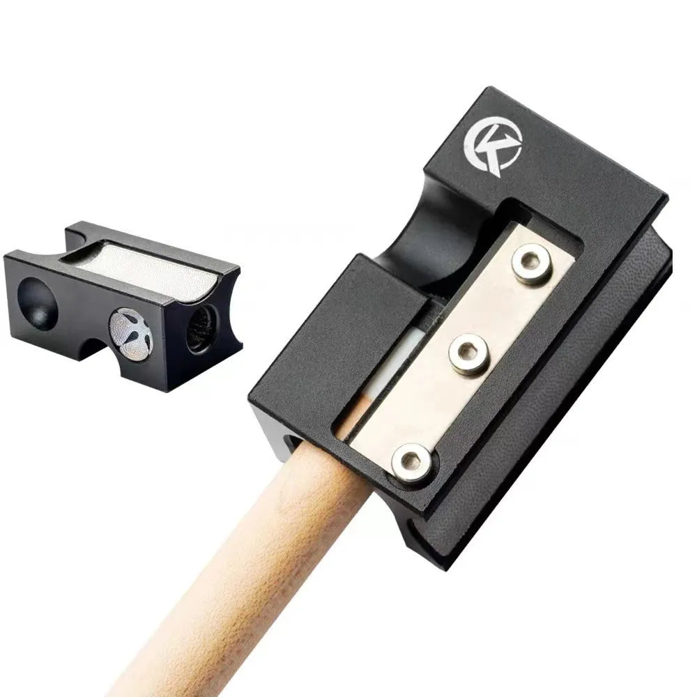 Black all-metal billiard cue leather head repair tool on a neutral background.