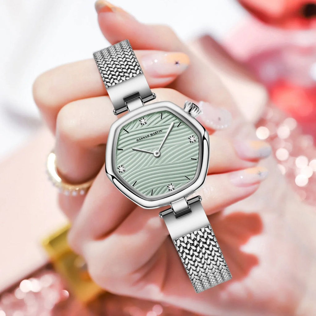 Women's hexagonal stainless steel watch, 30mm case, 7.2mm thick, 12mm strap, 220mm circumference, casual style.