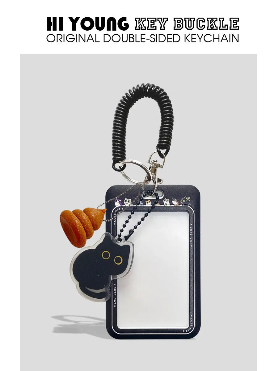 Plastic card holder with black cat cartoon design and pendant for bus cards and student IDs