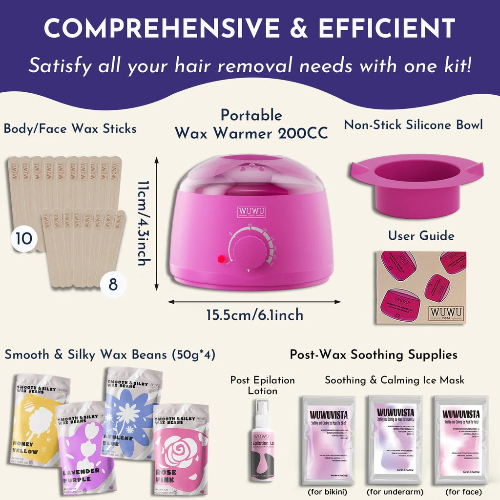 Waxing gift set with black warmer, wax beans, aftercare lotion, ice masks, and wax sticks for hair removal