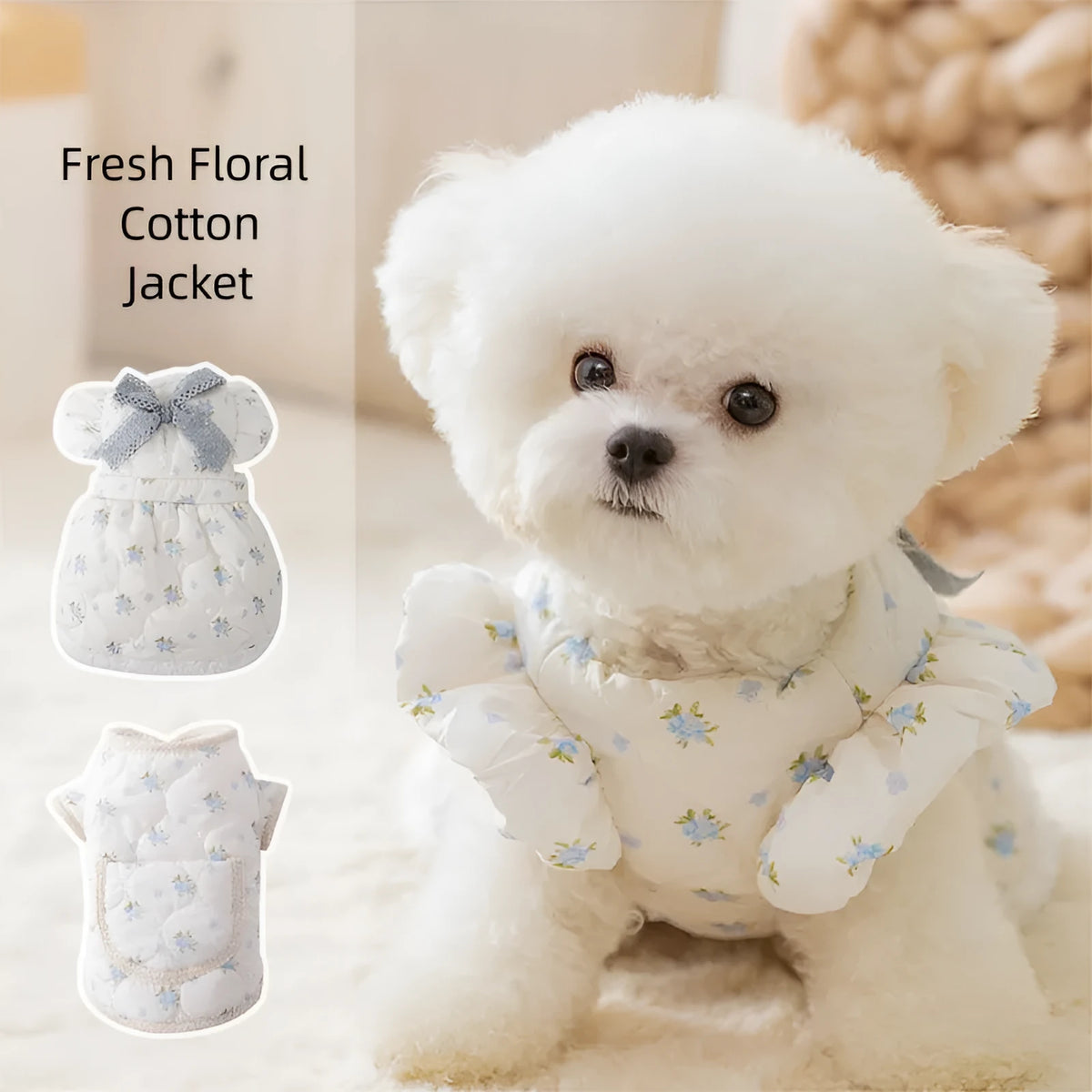 White thick dog dress with large bow, flower print and flannel lining for small dogs