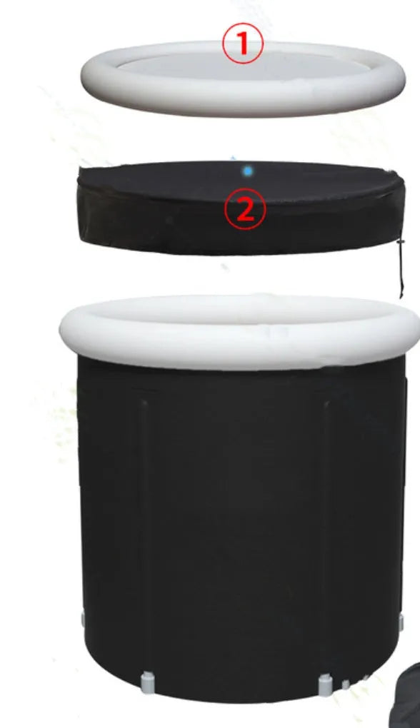 Black portable inflatable PVC ice bath with weather lid, shown at 70x80cm size