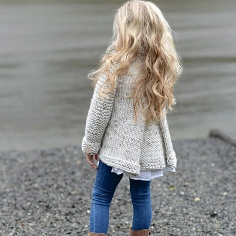 Beige girls cardigan sweater coat with single-breasted closure and long sleeves