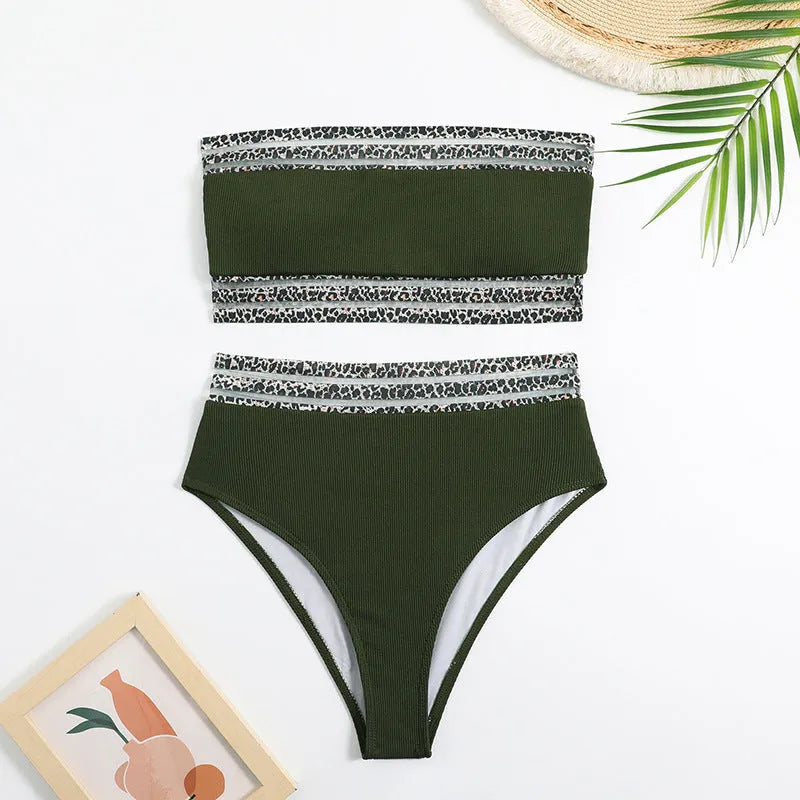 Black strapless swimsuit with leopard print pattern, briefs-style bottoms