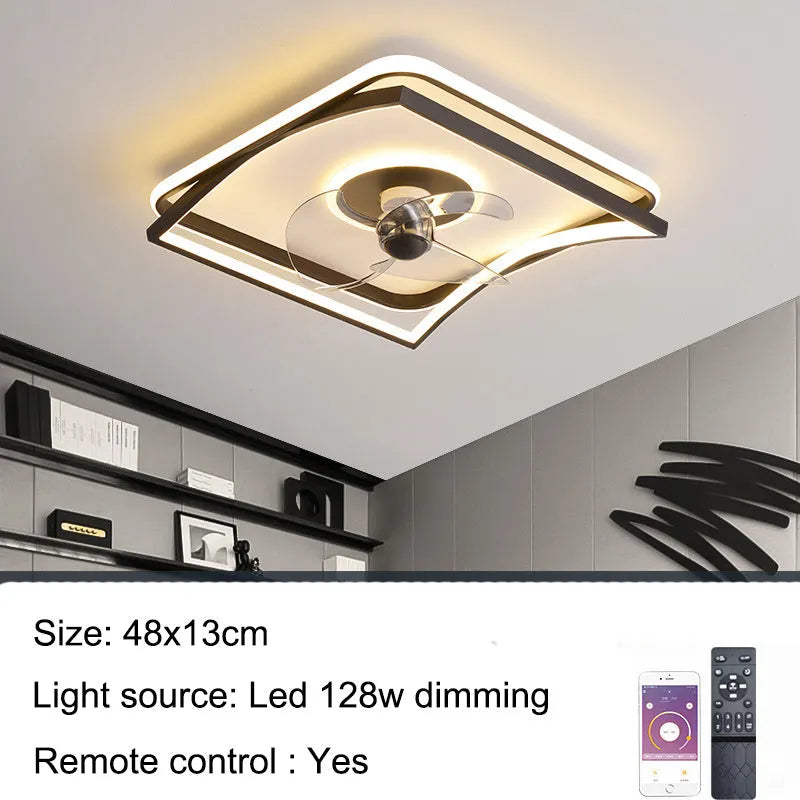 Modern black smart ceiling fan lamp with remote control for bedroom or dining room.