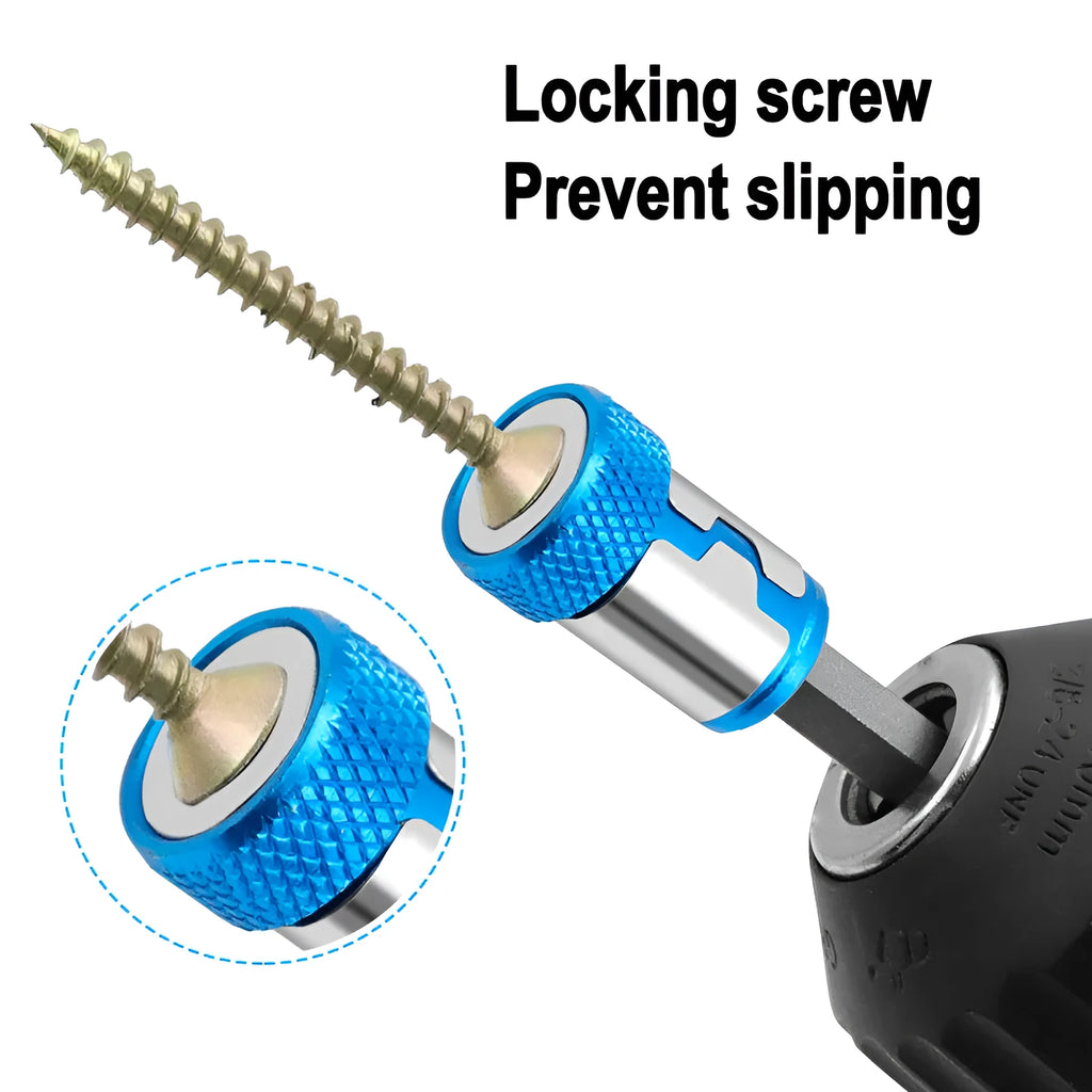 Light blue magnetic screwdriver bit with slotted head and hex shank for tool attachment