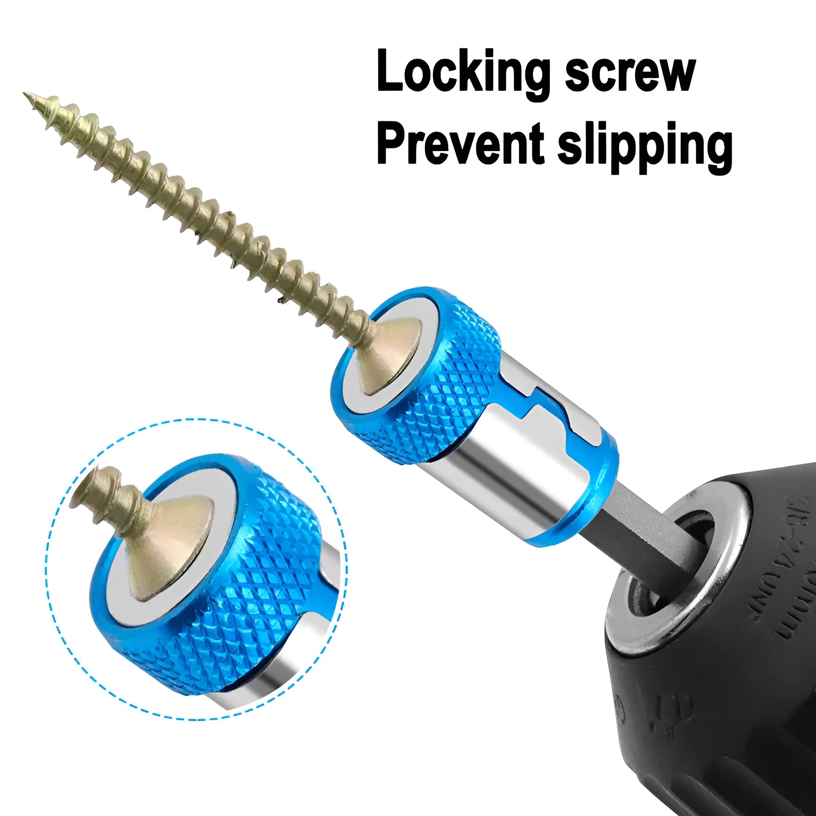 Light blue magnetic screwdriver bit with slotted head and hex shank for tool attachment