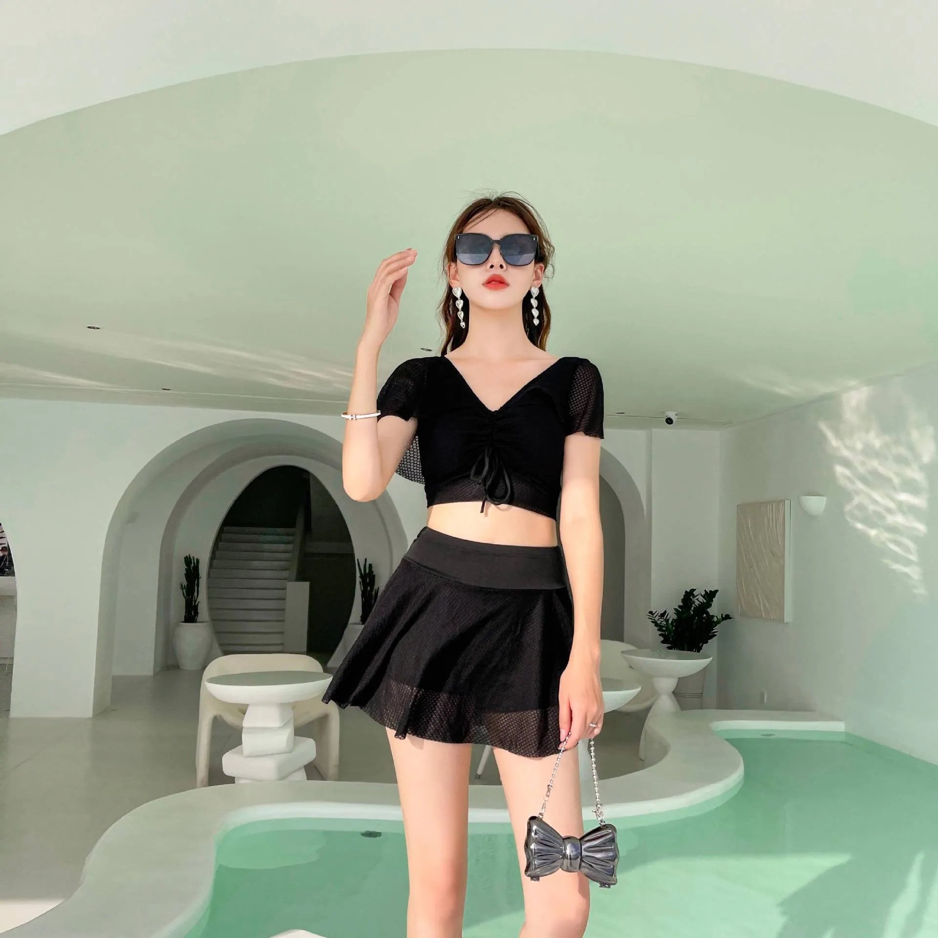 Women's two-piece skirt swimsuit set in solid colour for swimming and wading