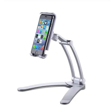 Aluminium alloy desktop tablet stand with adjustable clips and 360-degree rotation for tablets up to 10.5 inches