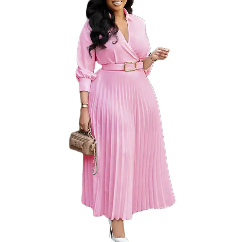 Polo collar dress with pleated skirt creating swing silhouette, shown in solid colour with belt detailing
