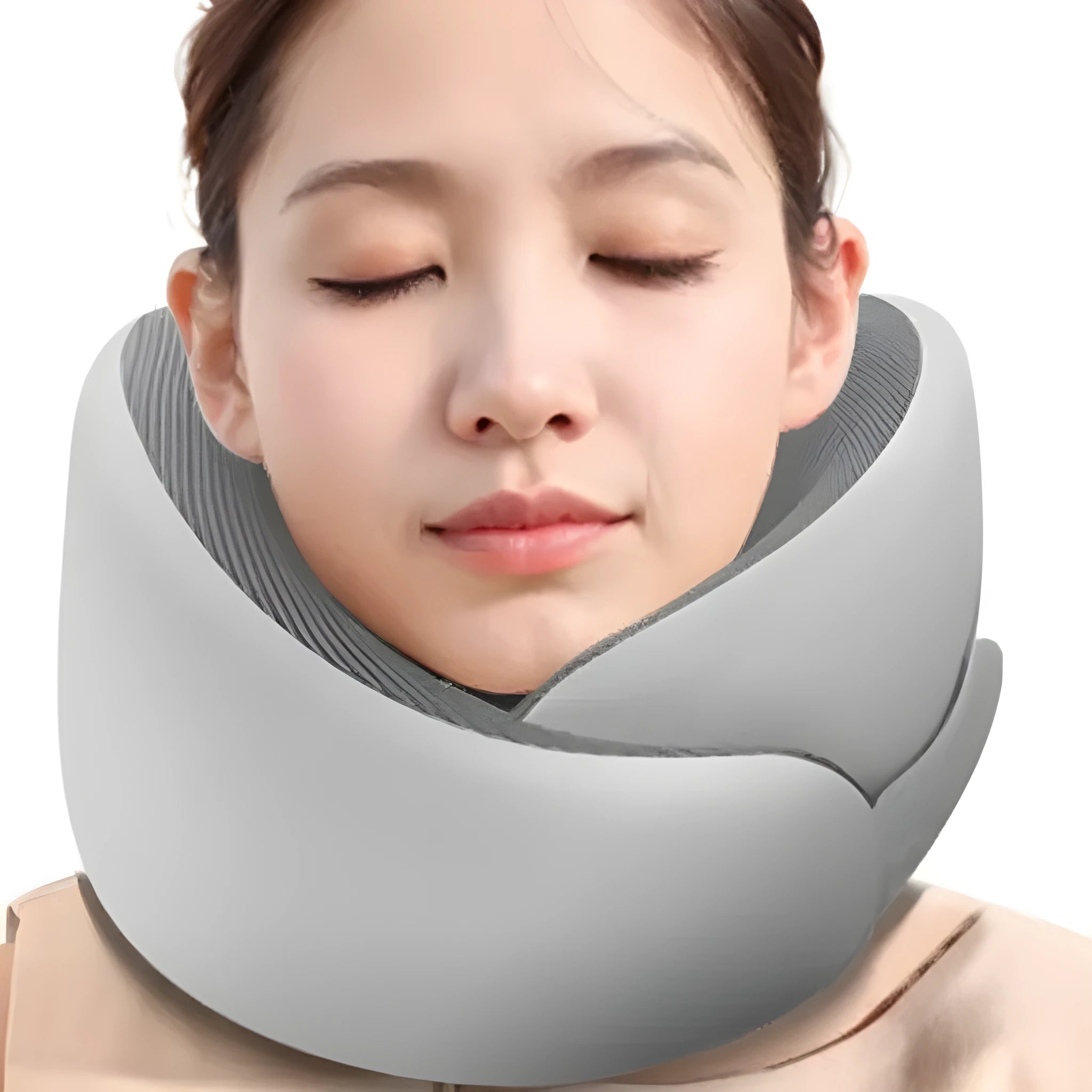 Memory foam U-shaped travel neck pillow in light grey, dark grey or light pink colour with storage packaging