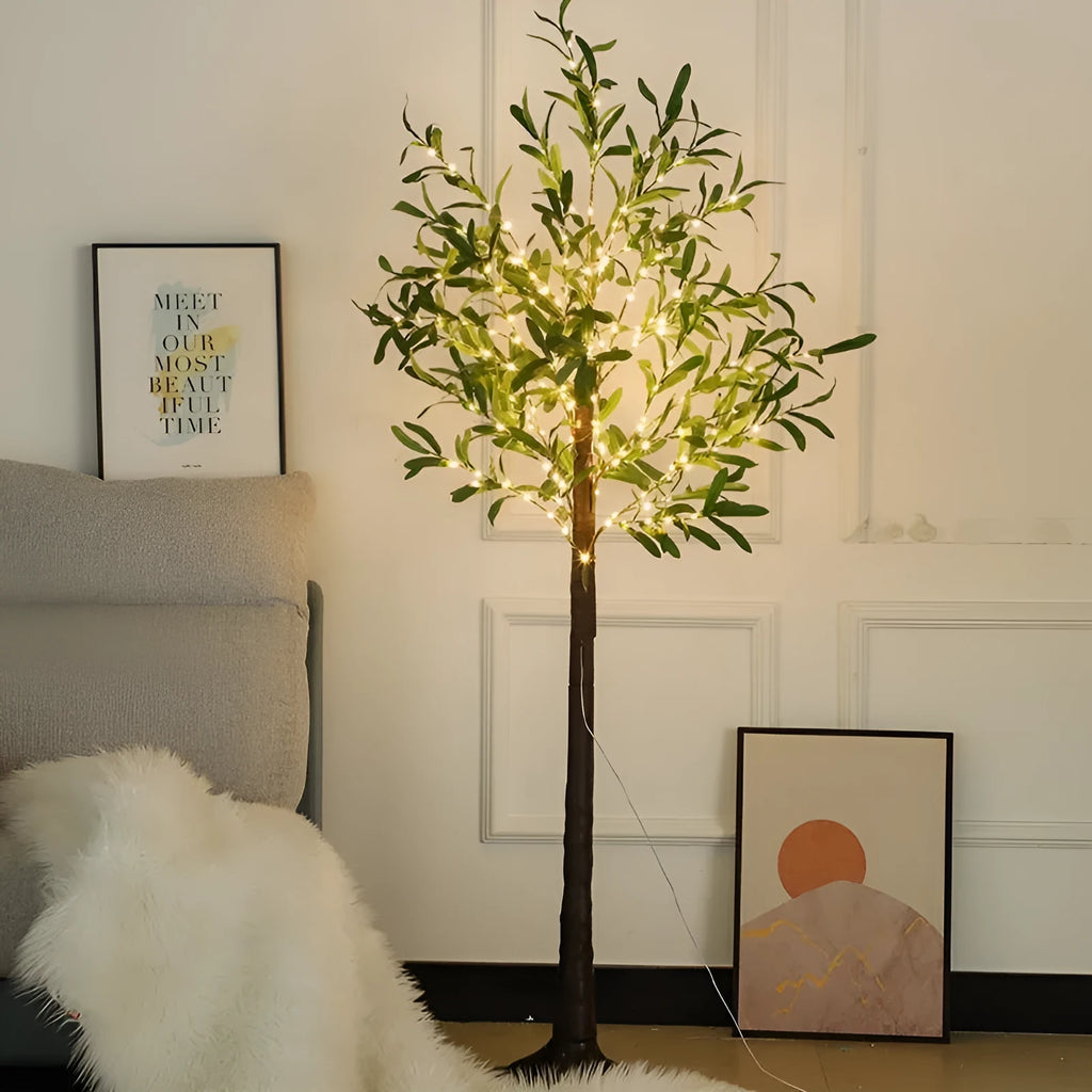 1.8m tall artificial olive tree lamp with warm white LED lights illuminating olive leaf foliage