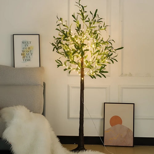 1.8m tall artificial olive tree lamp with warm white LED lights illuminating olive leaf foliage