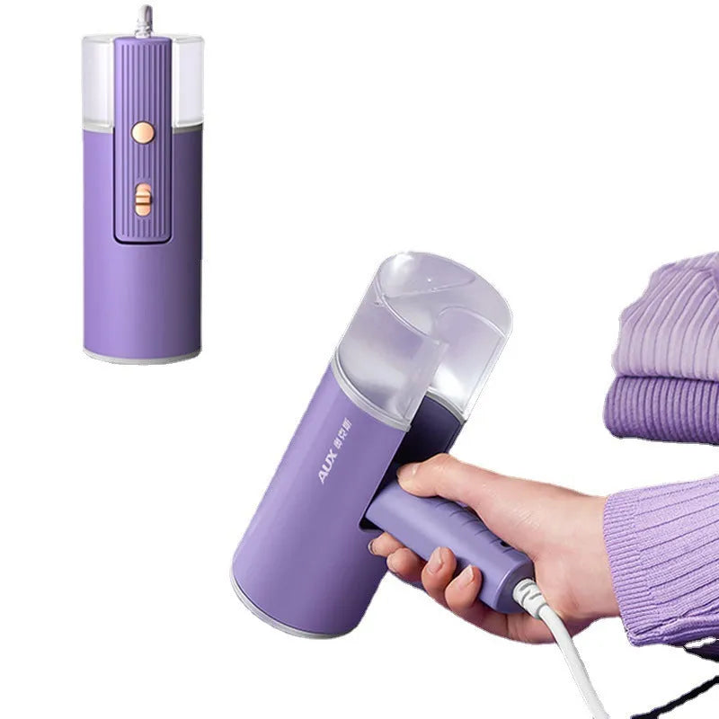 Portable handheld garment steamer in grey lotus root purple colour, shown with foldable design and water filling opening.