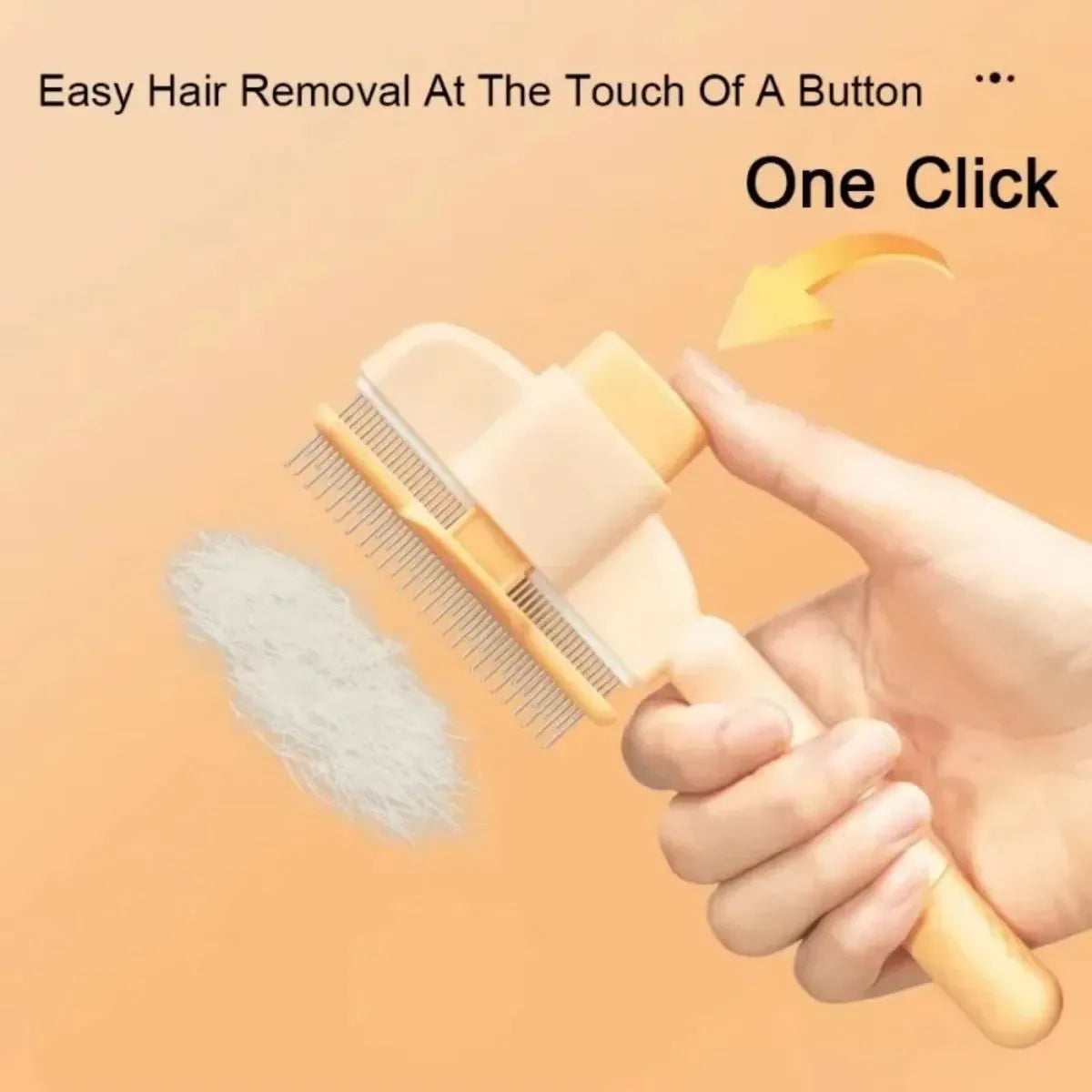 Green and yellow pet grooming brush with one-click hair removal system for dogs