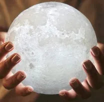 3D printed spherical moon lamp with visible surface contours and touch-sensitive metal ring at base