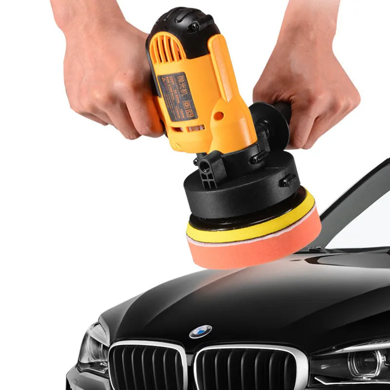 Yellow automotive polishing machine with 125mm disc, 700W motor, for car, metal, wood, tile, and leather surfaces